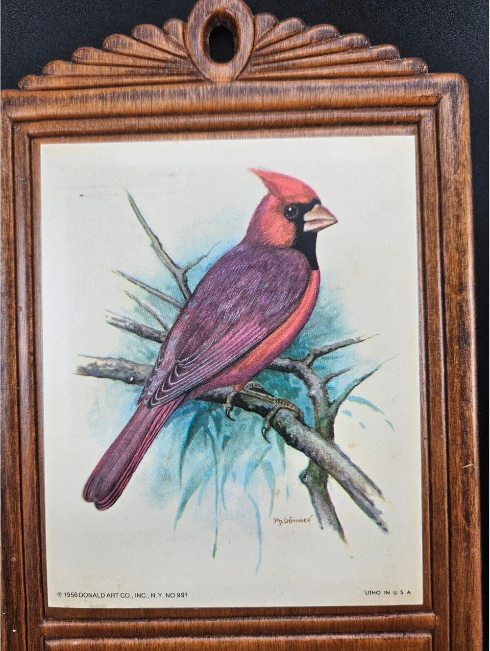 Vintage 1956 Ph. Gomner Cardinal Bird Wood Wall Hanging Memo Board Cork